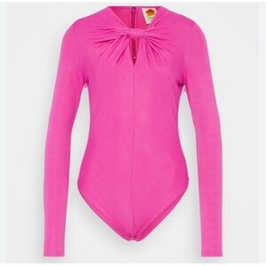 FARM Rio Pink knot Bodysuit with Long Sleeves and V-Neckline